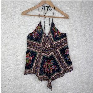 Boho Halter Neck Floral Print Tie Back Tank Top Handkerchief Hippie Y2K *No Tags